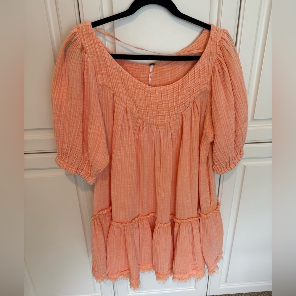 Free People Women's Tunic Top Size Medium Orange 100% Cotton Lightweight Summer